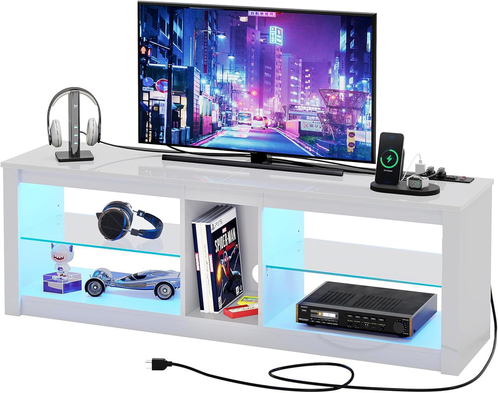 Bestier LED TV Stand for 55/60/65 Inch TV, White High Gloss Entertainment Center with Power Outlet & Adjustable Shelves, Modern Gaming TV Console with Storage for Living Room Bedroom