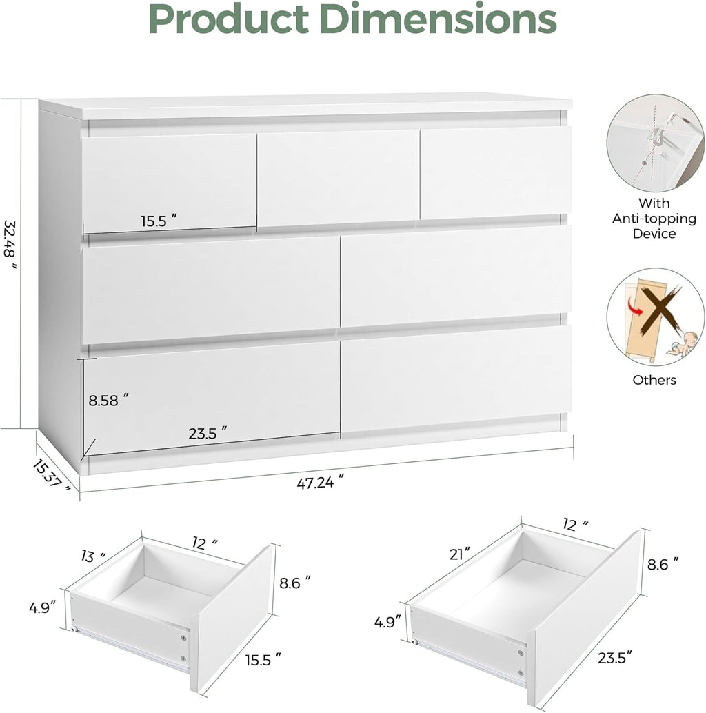 Jocoevol Modern White 7 Drawer Dresser for Bedroom, Simply Chest of Drawers, Wood Storage Dresser with Deep Drawers for Living Room Hallway Entryway, White