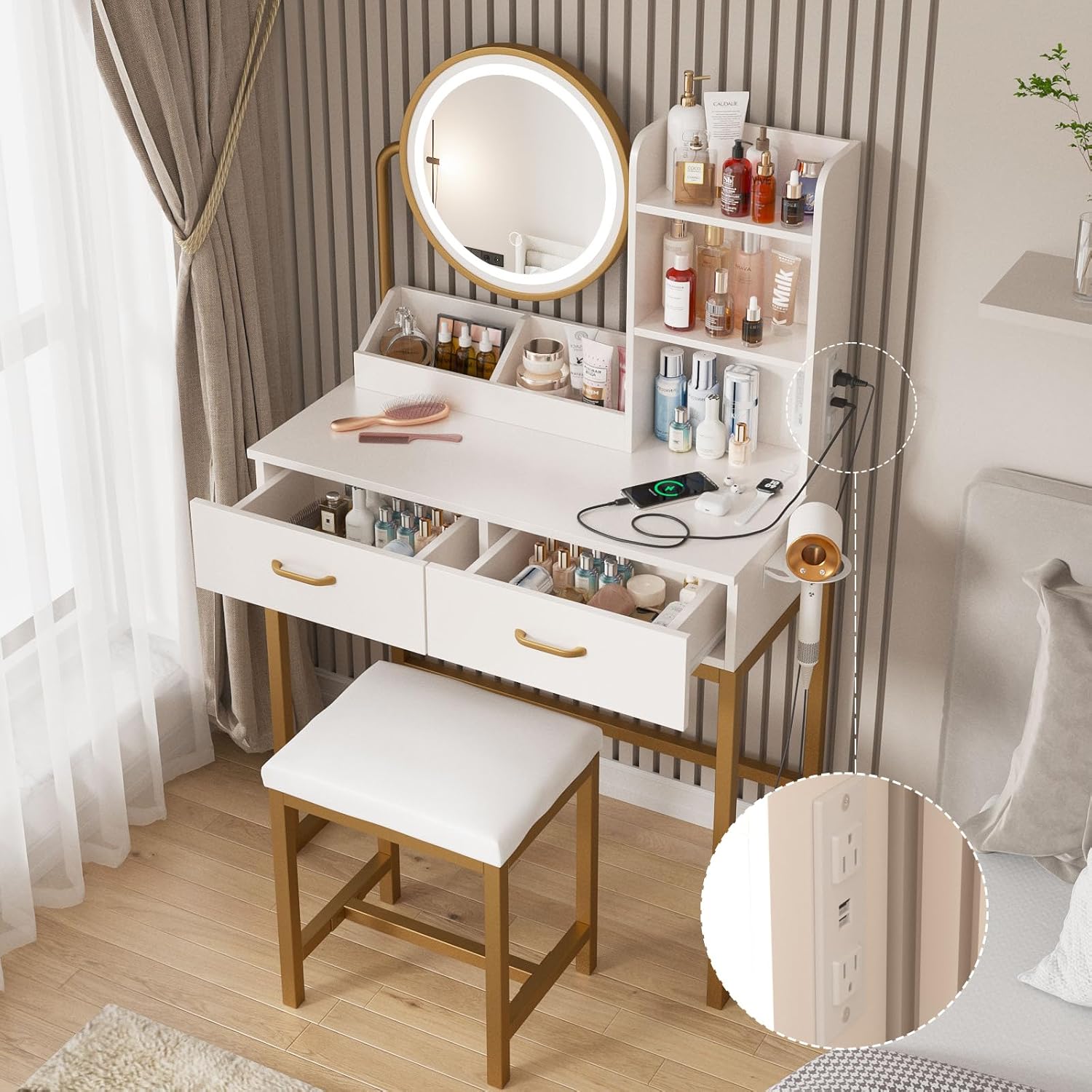 Vabches Makeup Vanity with Round Mirror and Lights, White Vanity Makeup Table with Charging Station, Small Vanity Table for Bedroom, 3 Lighting Modes, 31.5in(L)
