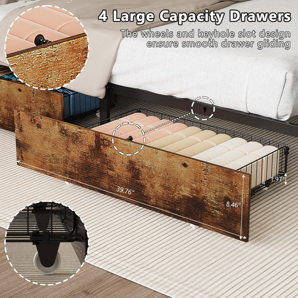 VINGLI Queen Bed Frame with 4 Storage Drawers and Headboard, Metal Platform Panel Bed with Charging Station and RGB LED Lights, No Box Spring Needed, Noise Free, Easy Assembly, Vintage Brown