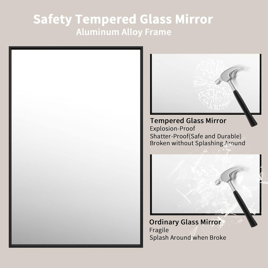 LOAAO 48"X32" Black Rectangle Bathroom Mirror Wall, Matte Black Aluminum Alloy Frame, Tempered Glass, Hangs Vertically or Horizontally, Easy to Install