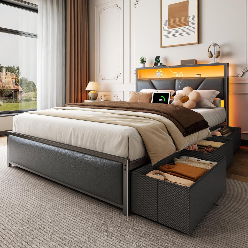 OURPIC Full Size Bed Frame, 2-Tier Storage Headboard & 6 Fabric Drawers, PU Leather Upholstered Platform Bed Frame Full with Charging Station and LED Lights, No Box Spring Needed, Noise Free