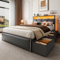 OURPIC Full Size Bed Frame, 2-Tier Storage Headboard & 6 Fabric Drawers, PU Leather Upholstered Platform Bed Frame Full with Charging Station and LED Lights, No Box Spring Needed, Noise Free