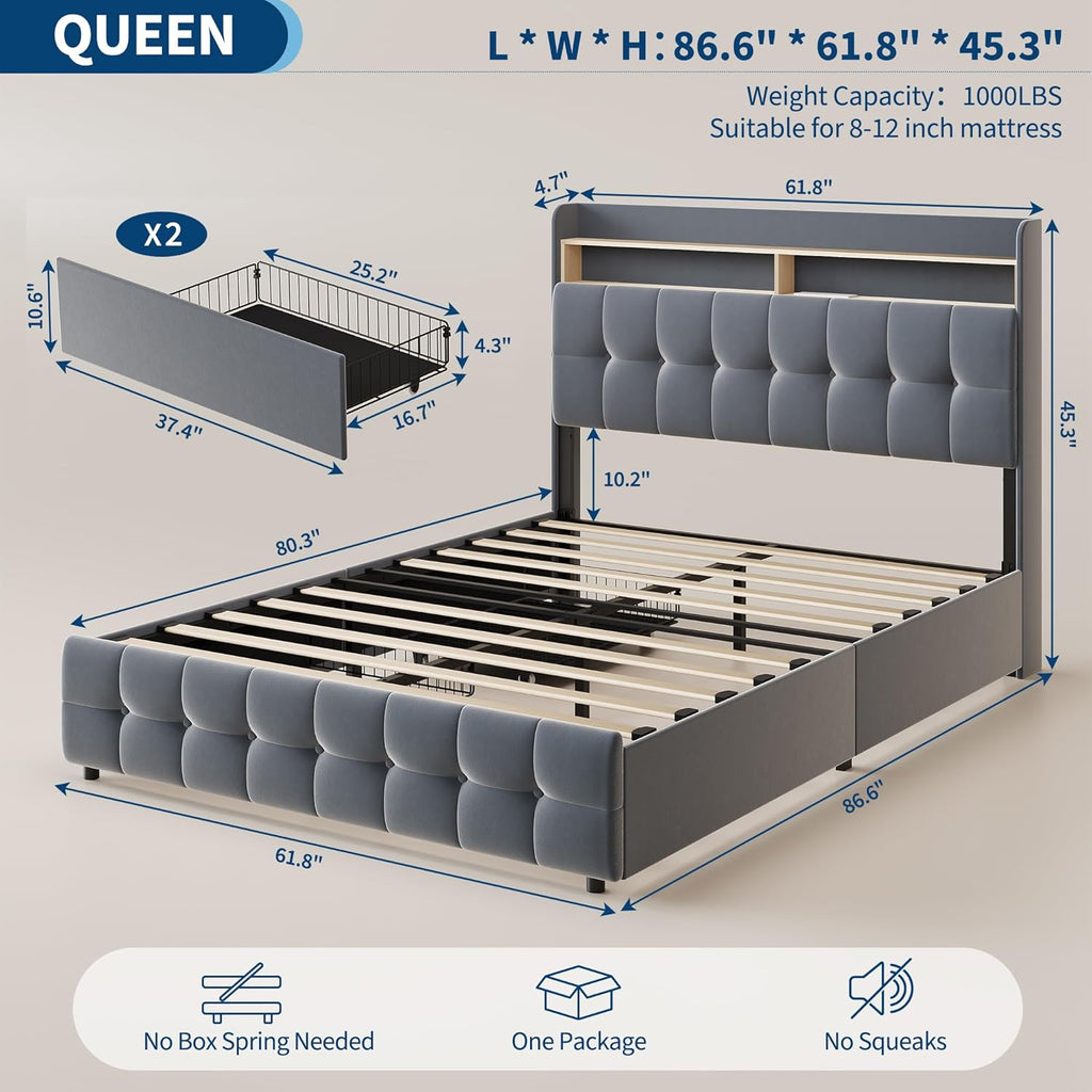 IDEALHOUSE Queen Size Upholstered Bed Frame Fabric with Storage Drawers and LED Lights, Headboard and Frame for Cozy Bedroom Sets Upgrades