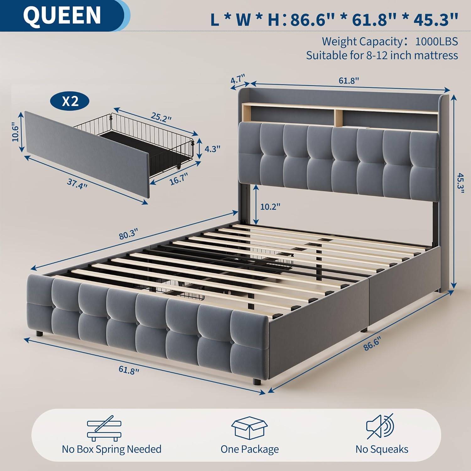 IDEALHOUSE Queen Size Upholstered Bed Frame Fabric with Storage Drawers and LED Lights, Headboard and Frame for Cozy Bedroom Sets Upgrades