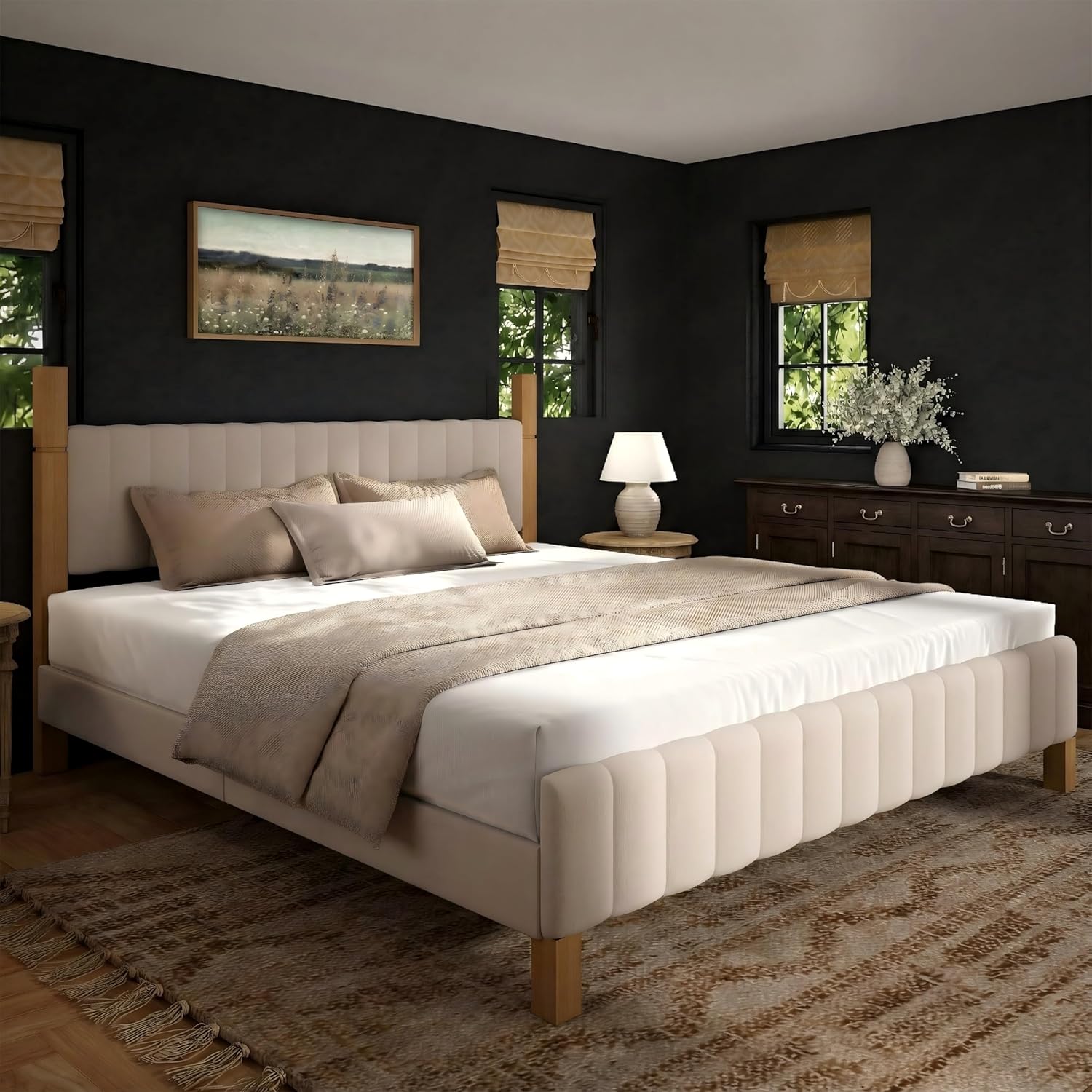 Yechen California King Bed Frame, Solid Wood Bed Frame CA-King Size with Upholstered Headboard, Platform Bedframe Noise Free, No Box Spring Needed, Beige Linen