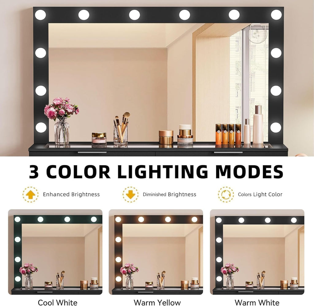 DWVO 10 Drawer Large Makeup Vanity Table with Glass Top, LED Mirror, Charging Station & Cushioned Storage Stool, 46-Inch Dressing Desk Set with 3 Lighting Modes Brightness Adjustable, Dark Black