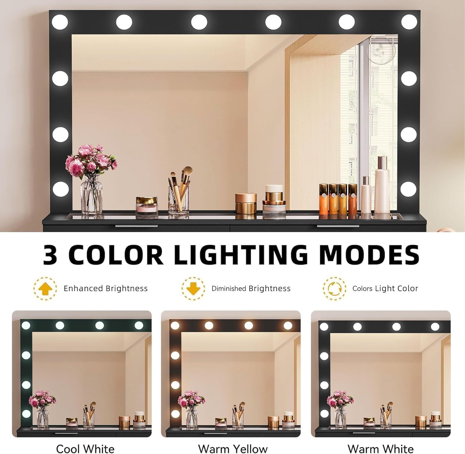 DWVO 10 Drawer Large Makeup Vanity Table with Glass Top, LED Mirror, Charging Station & Cushioned Storage Stool, 46-Inch Dressing Desk Set with 3 Lighting Modes Brightness Adjustable, Dark Black