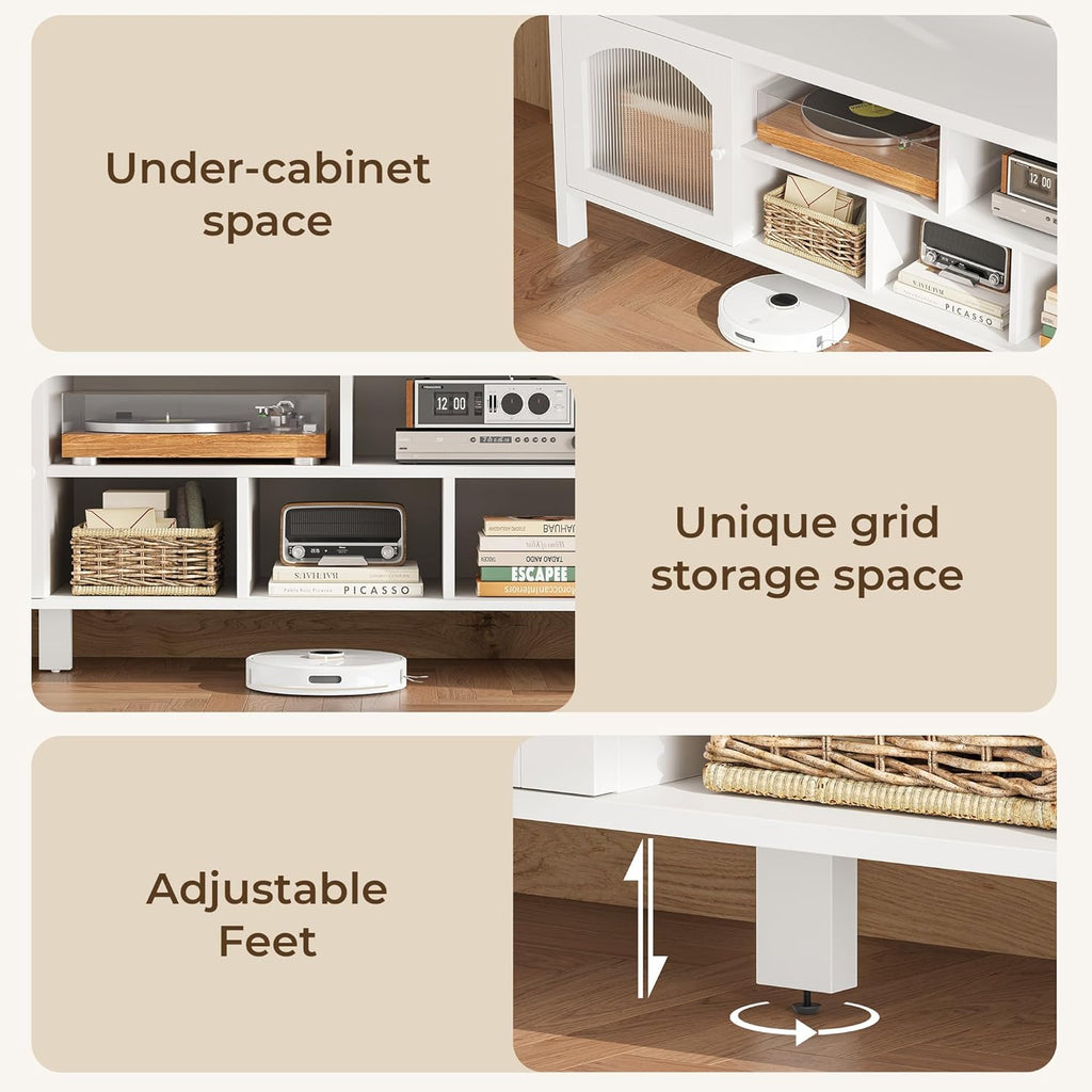 IRONCK TV Stand for 75 Inch TV, 71" Entertainment Center with Power Outlet & LED Light, Modern Media TV Console with Arched Glass Doors and Storage Cabinets for Living Room, White