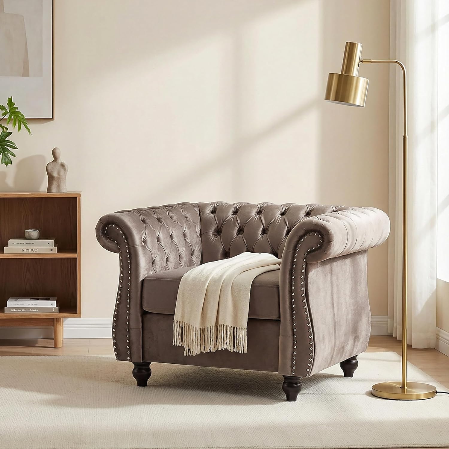 Christopher Knight Home Kitty Chesterfield Club Chair with Solid Wood Frame, Velvet Upholstered Living Room Chair, Button-Tufted Diamond Stitch Single Sofa, Nailhead Accent, Black + Dark Brown