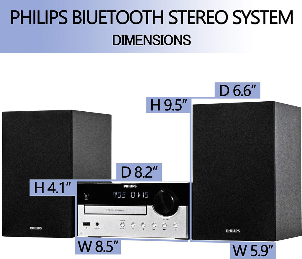 PHILIPS Bluetooth Stereo System for Home with CD Player, MP3, USB, Audio in, FM Radio, Bass Reflex Speaker, 60W, Remote Control Included