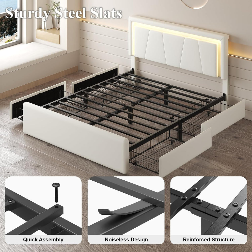 LoVinson Queen Size Bed Frame with 4 Storage Drawers, Charging Station and LED Light, Adjustable Upholstered Headboard, Noise-Free, No Box Spring Needed, Easy Assembly, White