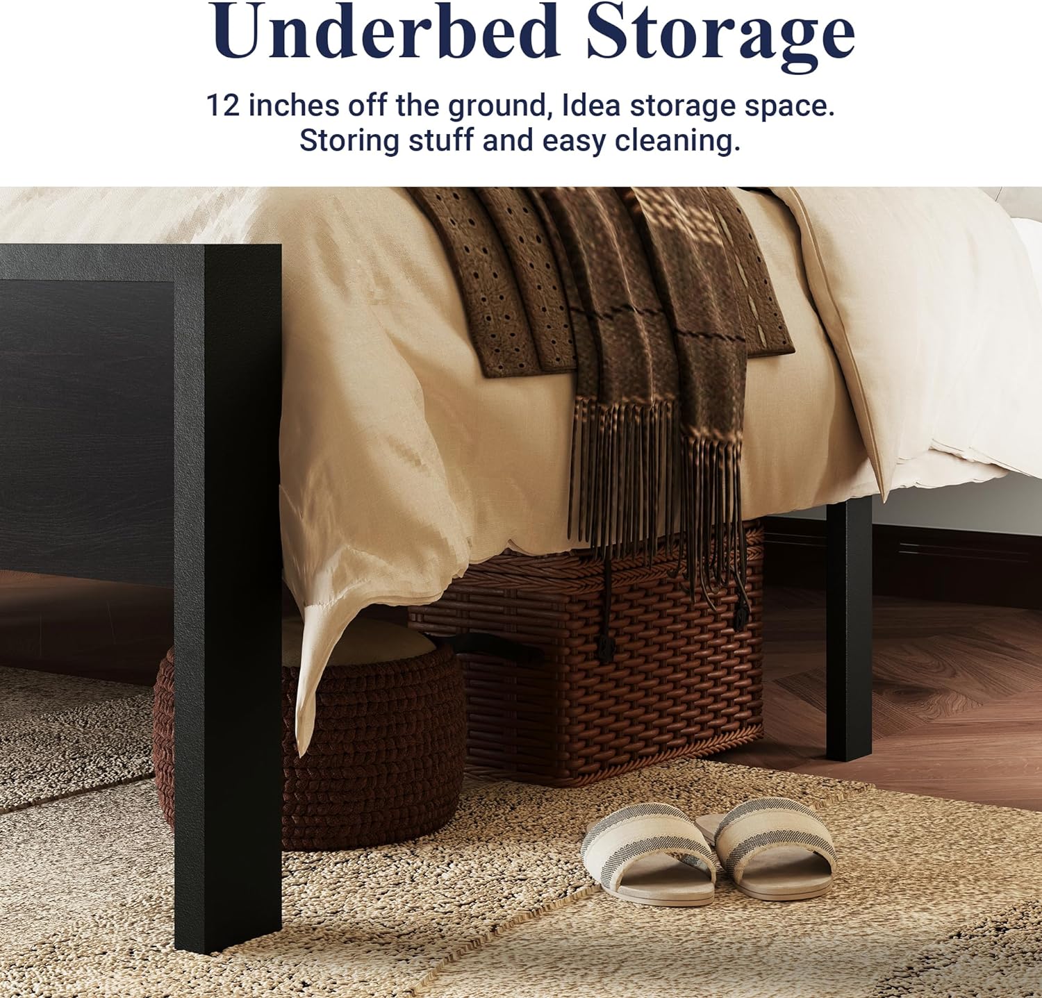 Allewie Queen Size Platform Bed Frame with Wooden Headboard and Footboard, Heavy Duty 12 Metal Slats Support, No Box Spring Needed, Under-Bed Storage, Noise Free, Easy Assembly, Black Oak