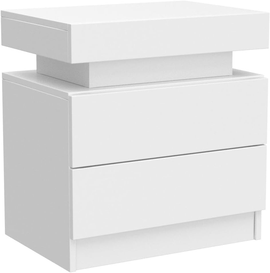 i-aplus Night Stand Set 2,LED Nightstands Set of 2,Bedside Table with Wood Drawers,Modern End Side Table for Bedroom,White