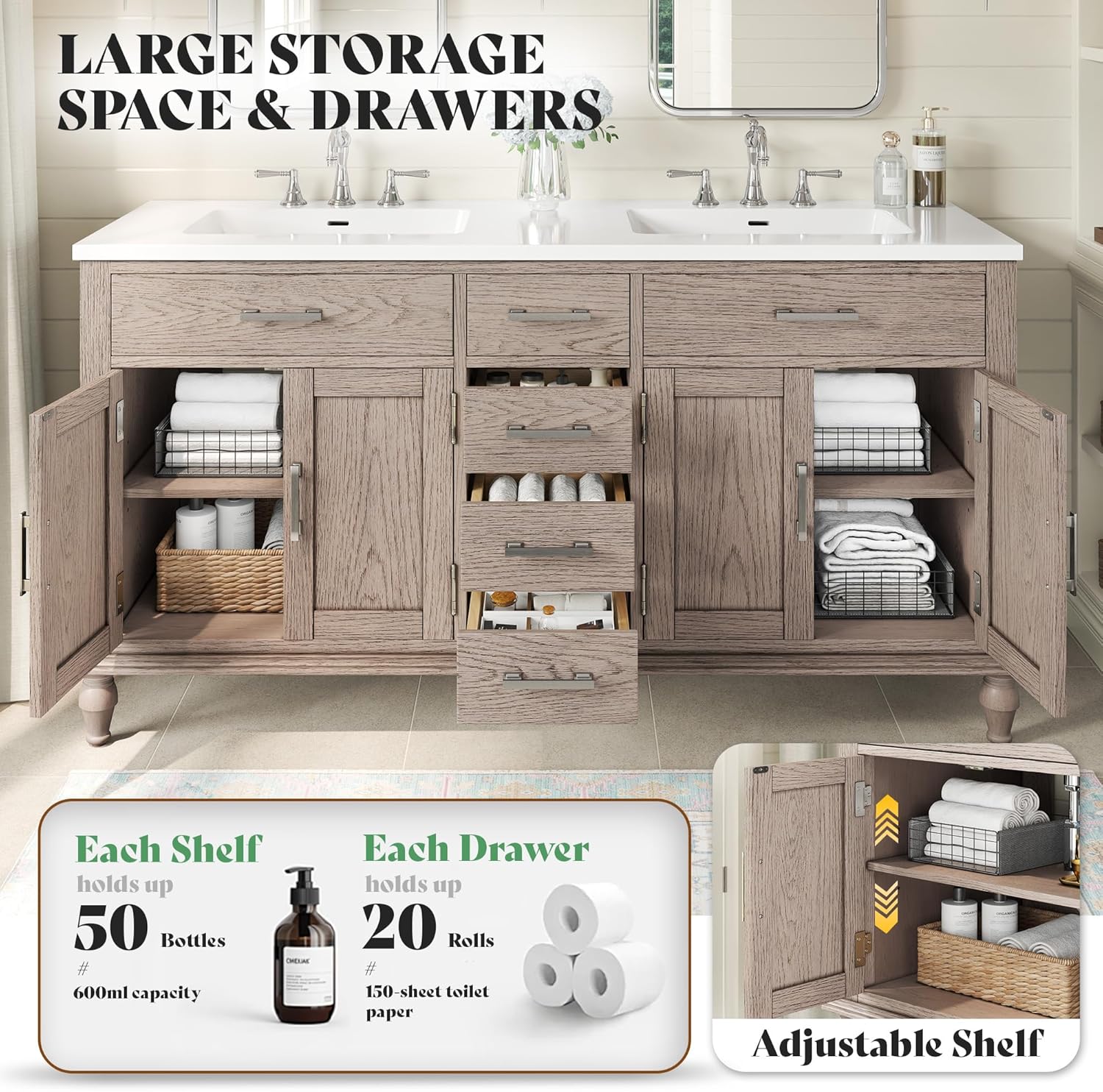 AMERLIFE 60" Solid Oak Double Sink Bathroom Vanity with Sink Combo, Antique Grey Oak Vanity Cabinet with Drawers & Adjustable Shelves, Easy Assembly