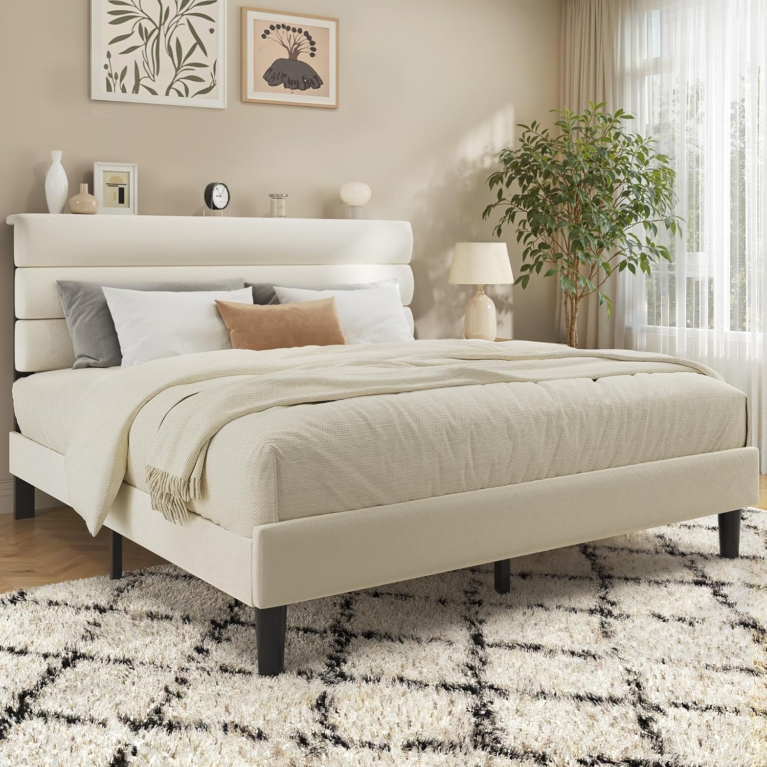 Fluest Queen Bed Frame, Platform Bed Frame with Velvet Upholstered Headboard, No Box Spring Needed, Sturdy Metal Support, Noise Free, Easy Assembly, Modern Bedroom Furniture, Beige