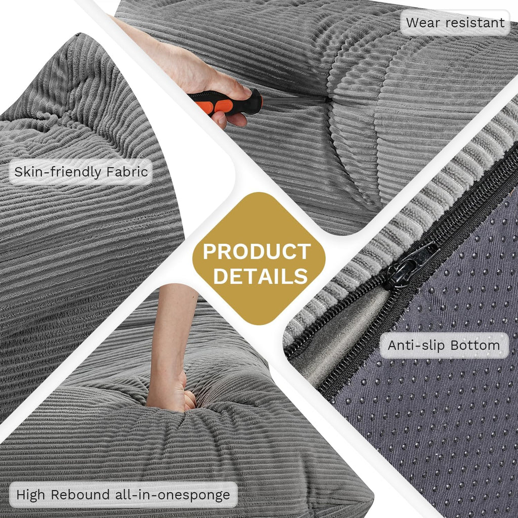 Bean Bag Chairs for Adults, Memory Foam Couch Sofa Chair,One-piece Foam Padding,Cozy Corduroy Material Bean Bag Chair,Bean Bag Sofa for Reading in Bedroom Living Room and Dorms,Gray