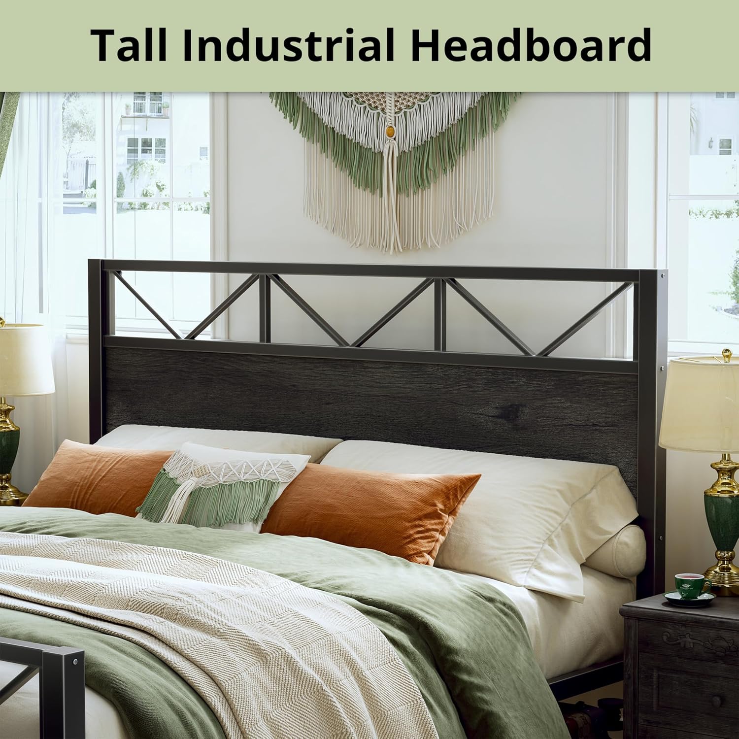 LIKIMIO King Bed Frame, Tall Industrial Headboard 51.2 ", Platform Bed Frame with Strong Metal Support, Solid and Stable, Noise Free, No Box Spring Needed, Easy Assembly, Charcoal Grey