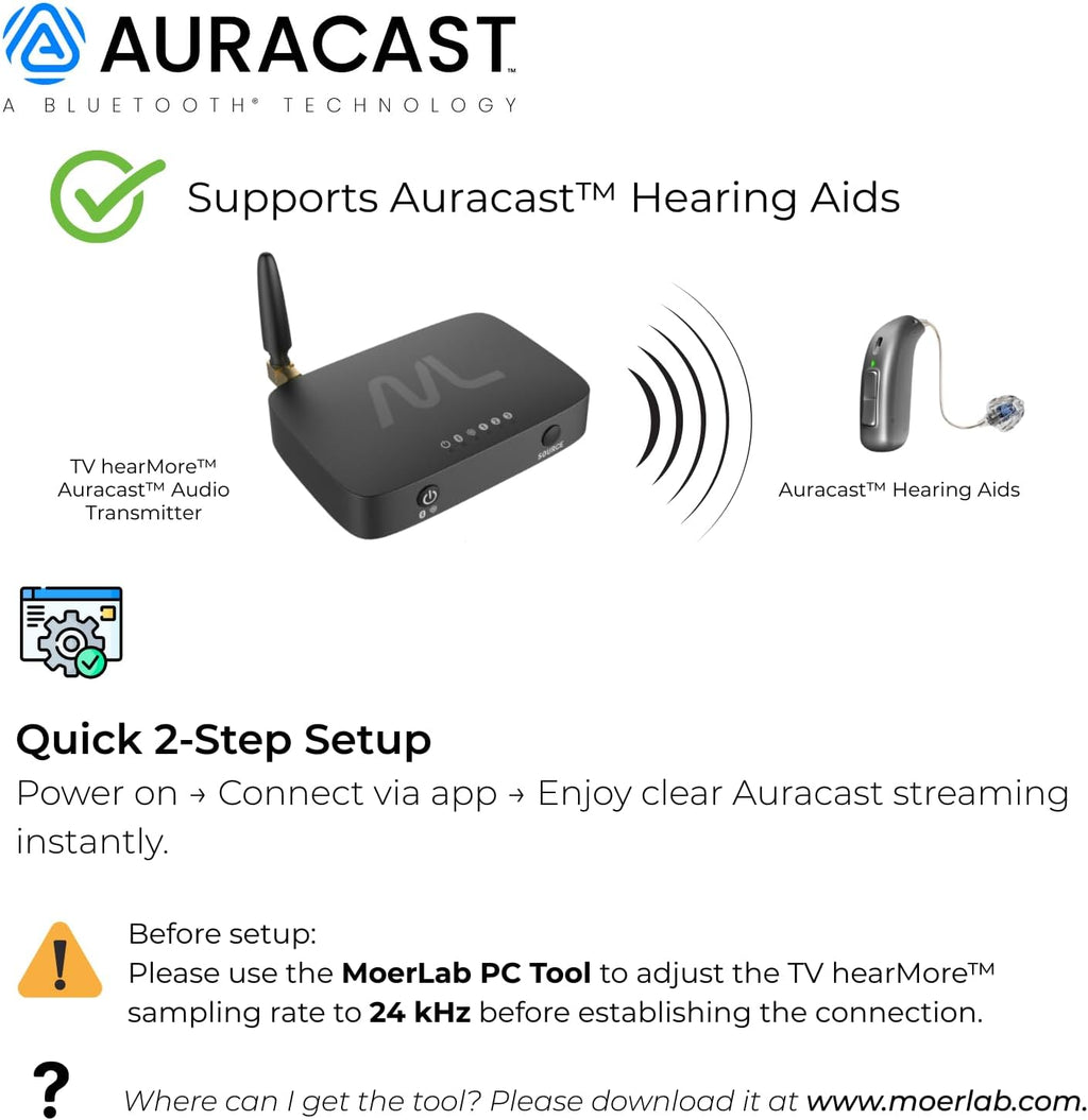 TV hearMore Auracast Audio Transmitter – Auracast & Bluetooth Classic Dual Mode, HDMI/Optical/AUX/MIC Inputs, Low-Latency Wireless Broadcast for TV, Classrooms & Public Venues