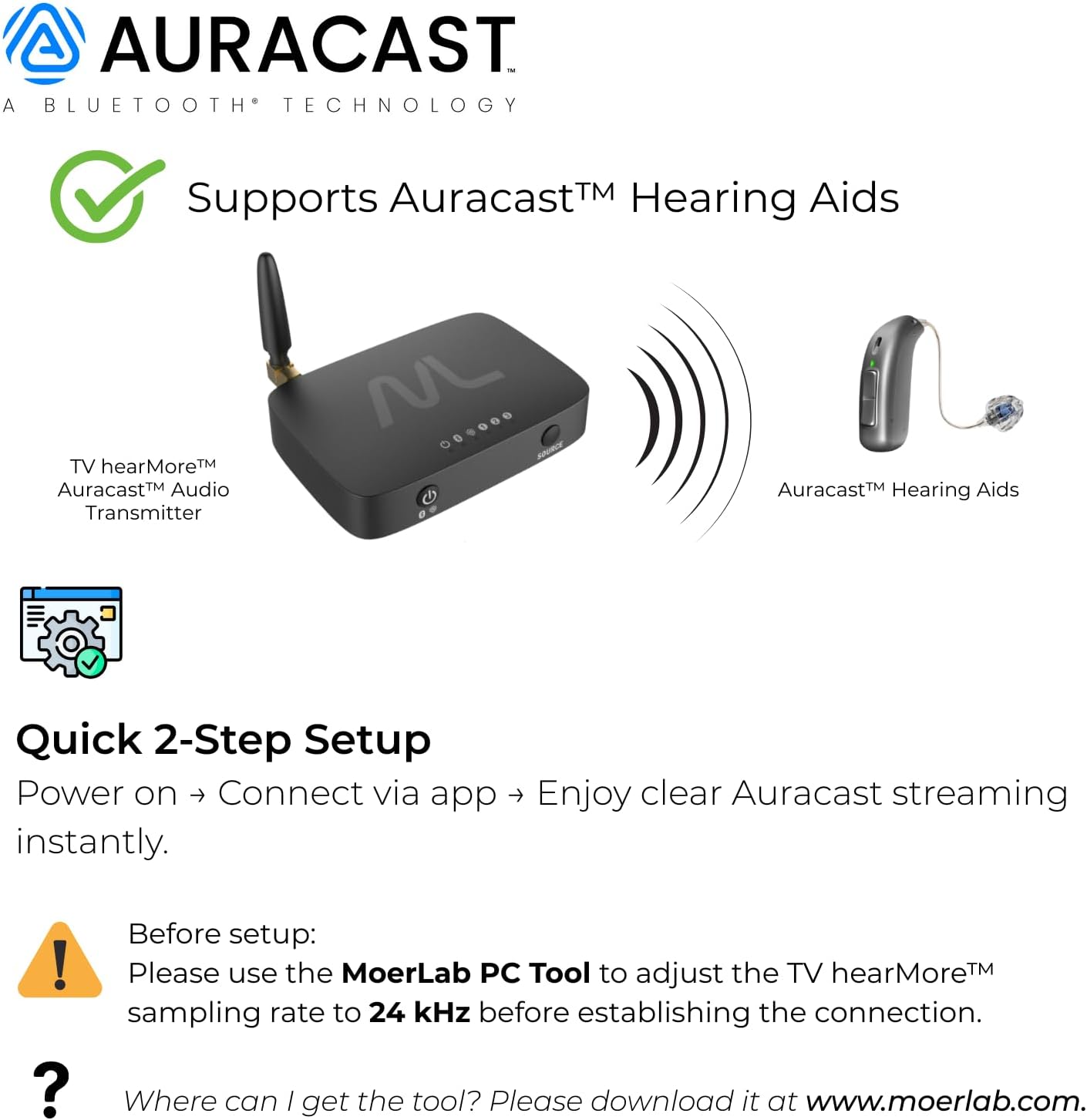TV hearMore Auracast Audio Transmitter – Auracast & Bluetooth Classic Dual Mode, HDMI/Optical/AUX/MIC Inputs, Low-Latency Wireless Broadcast for TV, Classrooms & Public Venues