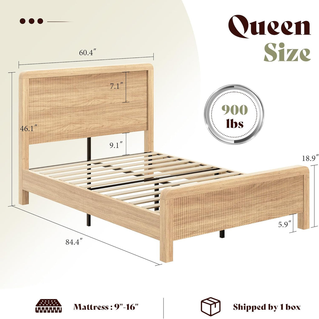 AMERLIFE 4-Piece Modern Fluted Bedroom Furniture Set, Including Wood Queen Size Bed Frame with Headboard & Footboard, 5 Drawer Tall Dresser, Storage Night Stand Set of 2, Natural Oak