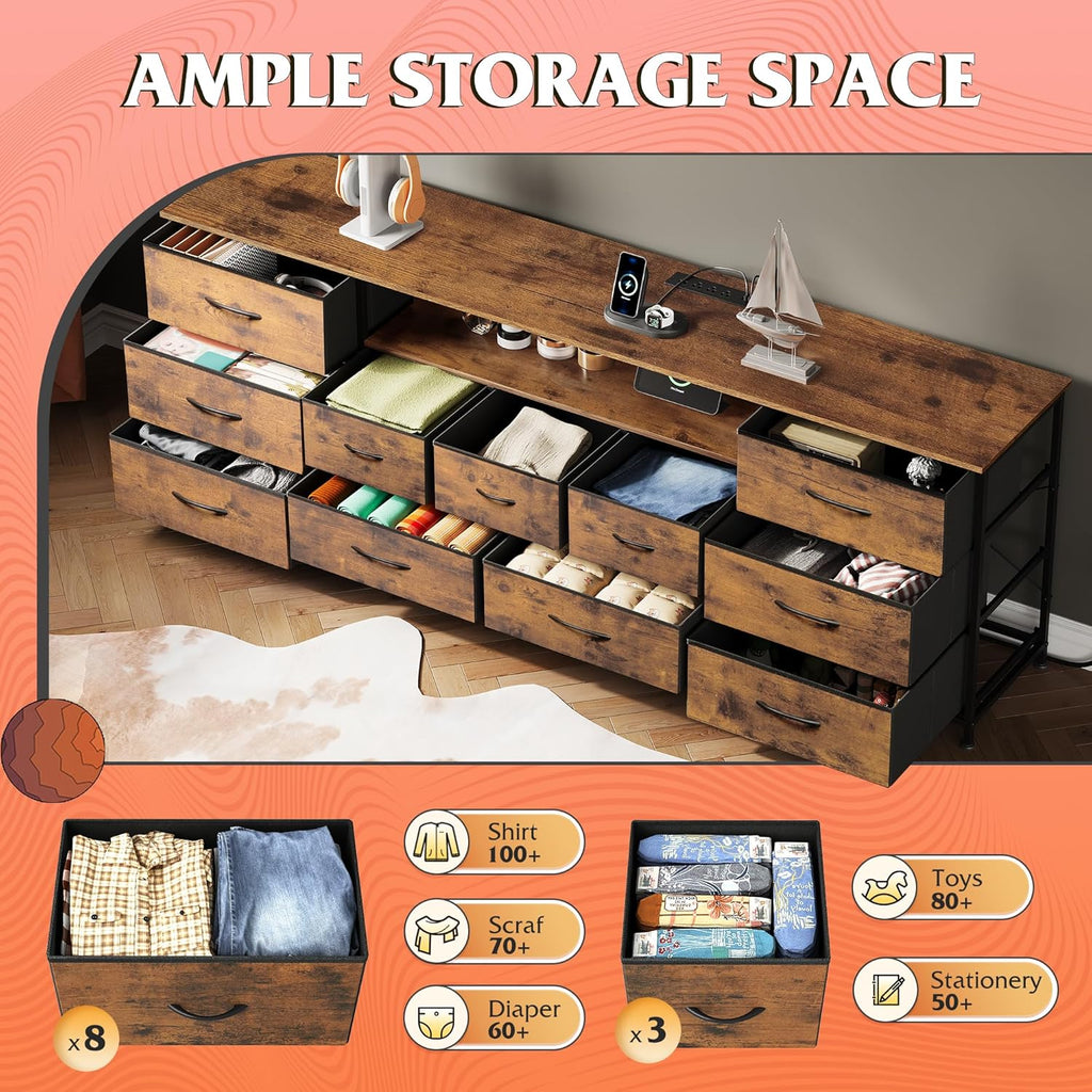 WLIVE 75.5" TV Stand for 65, 75, 80, 85 Inch TV, Dresser for Bedroom with Power Outlets & LED Lights, 11 Drawer Fabric Dresser with Open Shelves, Entertainment Center with Storage, Rustic Brown