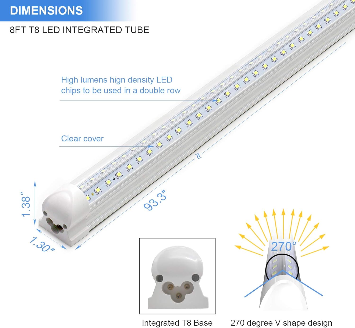 10-Pack 8ft LED Shop Light Fixture - 90W T8 Integrated LED Tube Light - 6500K 12000LM V-Shape Linkable - High Output - Clear Cover - Plug and Play - 270 Degree Lighting for Garage, Shop, Barn
