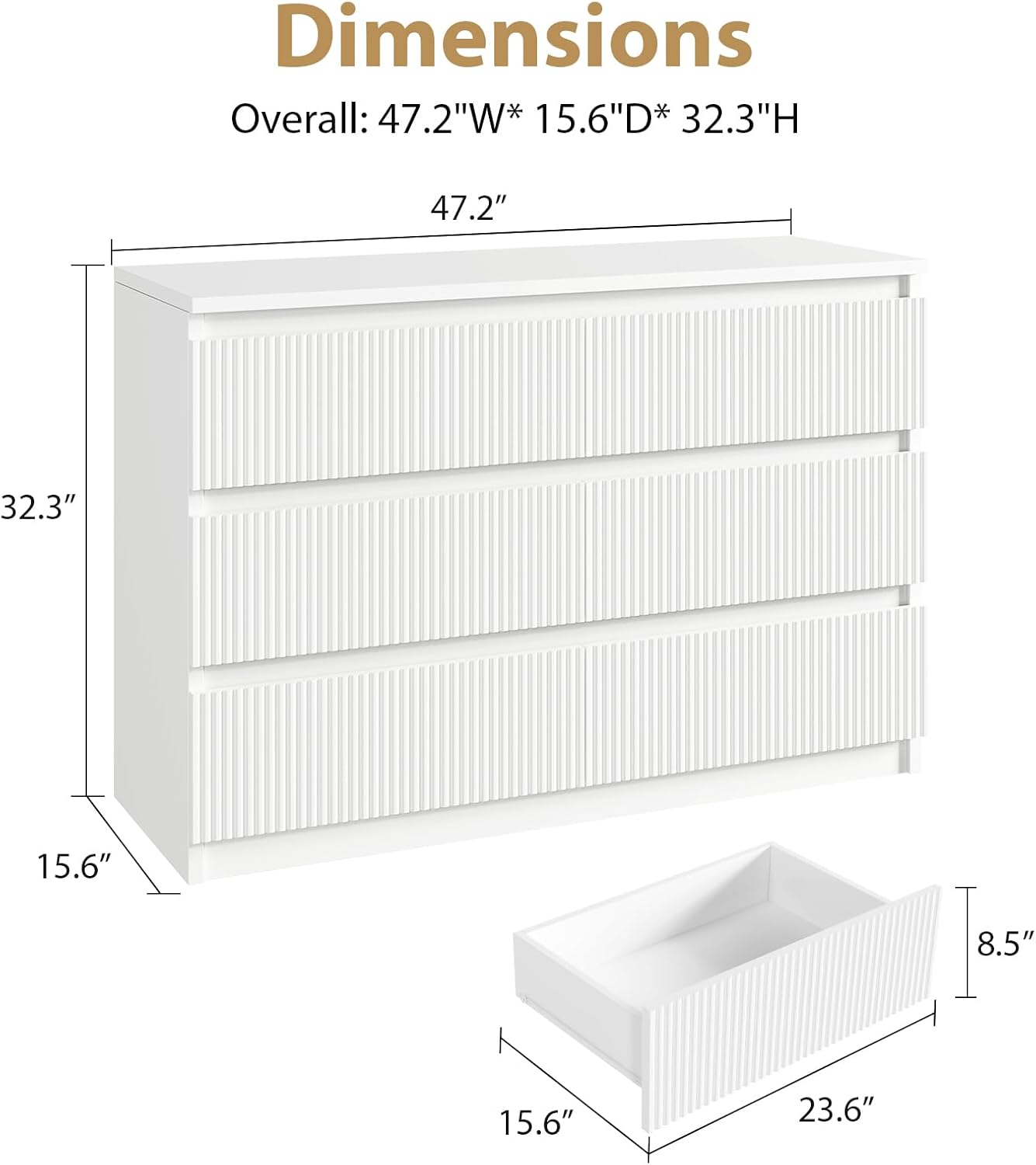 Jocoevol 6 Drawer Dresser, Fluted Dresser for Bedroom with Sleek Hidden Handles, Bedroom Dressers with Drawers, Wood Closet Clothes Storage Organizer for Bedroom, Pure White