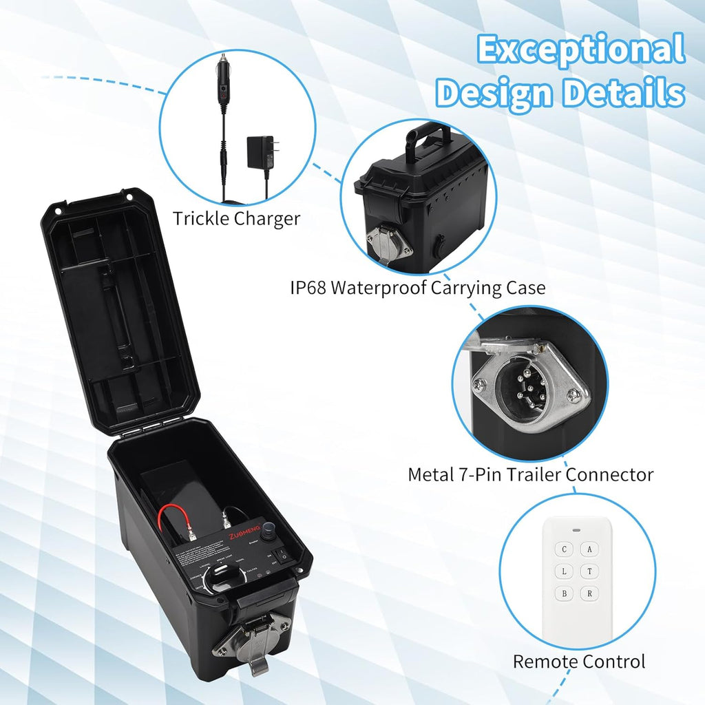 Trailer Light Tester Box with 12V 10Ah Battery and IP68 Waterproof Carrying Case, Wireless Remote Control Operation (7-Way Round Pin Compatibility)