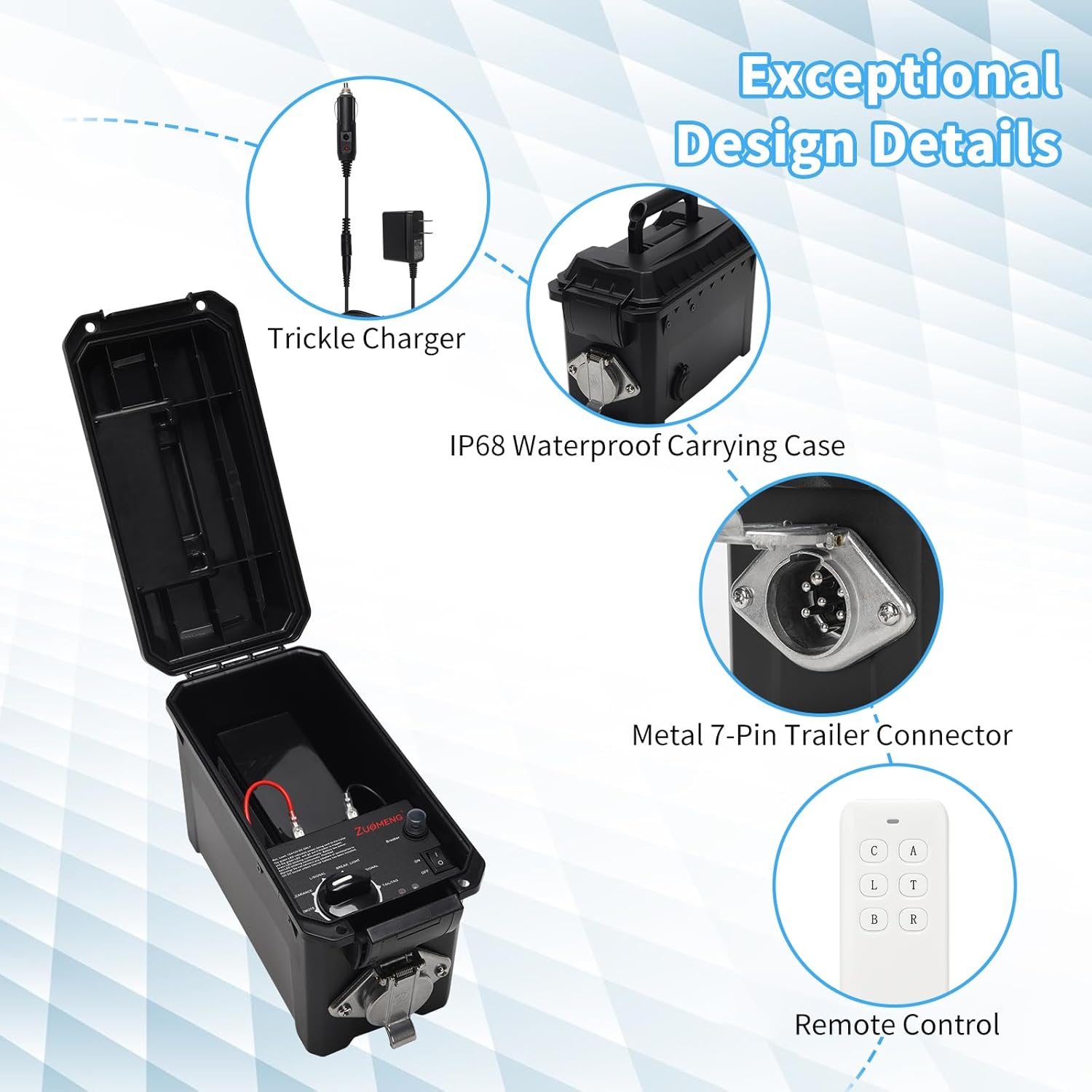 Trailer Light Tester Box with 12V 10Ah Battery and IP68 Waterproof Carrying Case, Wireless Remote Control Operation (7-Way Round Pin Compatibility)
