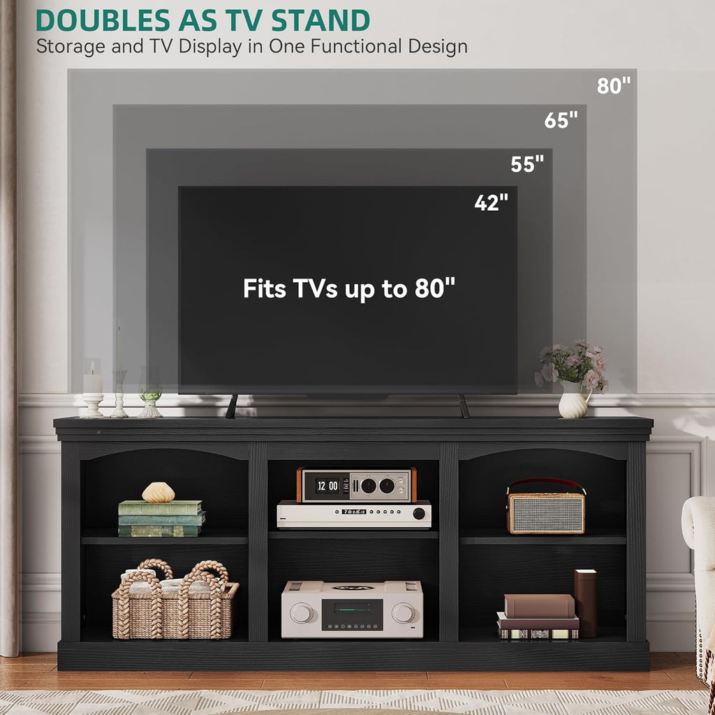 YITAHOME Farmhouse TV Stand with Cord Management for 75/80 Inch TV, Entertainment Center with Adjustable Shelf & Open Storage, 70" TV Console Table for Living Room (Black)