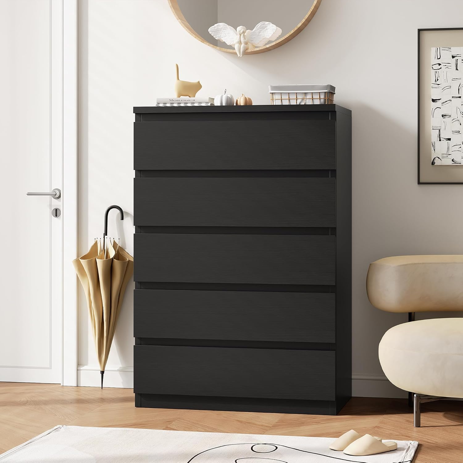 Jocoevol Black 5 Drawer Dresser for Bedroom, 15" D x 23.7" W x 40.4" H in Simply Chest of Drawers, Wood Storage Dresser with Drawers for Living Room Hallway Entryway, Black