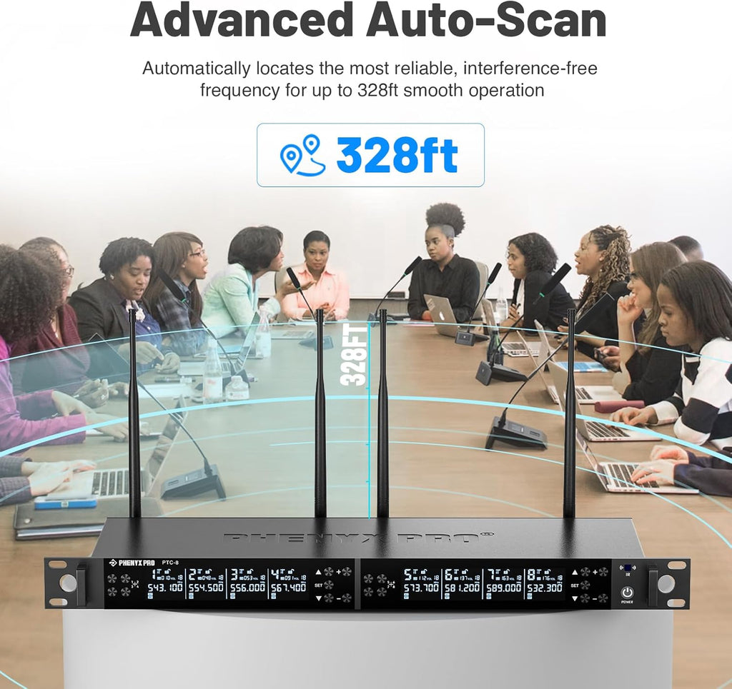 Phenyx Pro 8-Channel Wireless Conference Microphone System, Wireless Podium Microphone with 8x25 UHF Frequencies, Auto Scan, 8 Gooseneck Mics for Lecture, Church, Conference, Public Speaking (PTC-8)