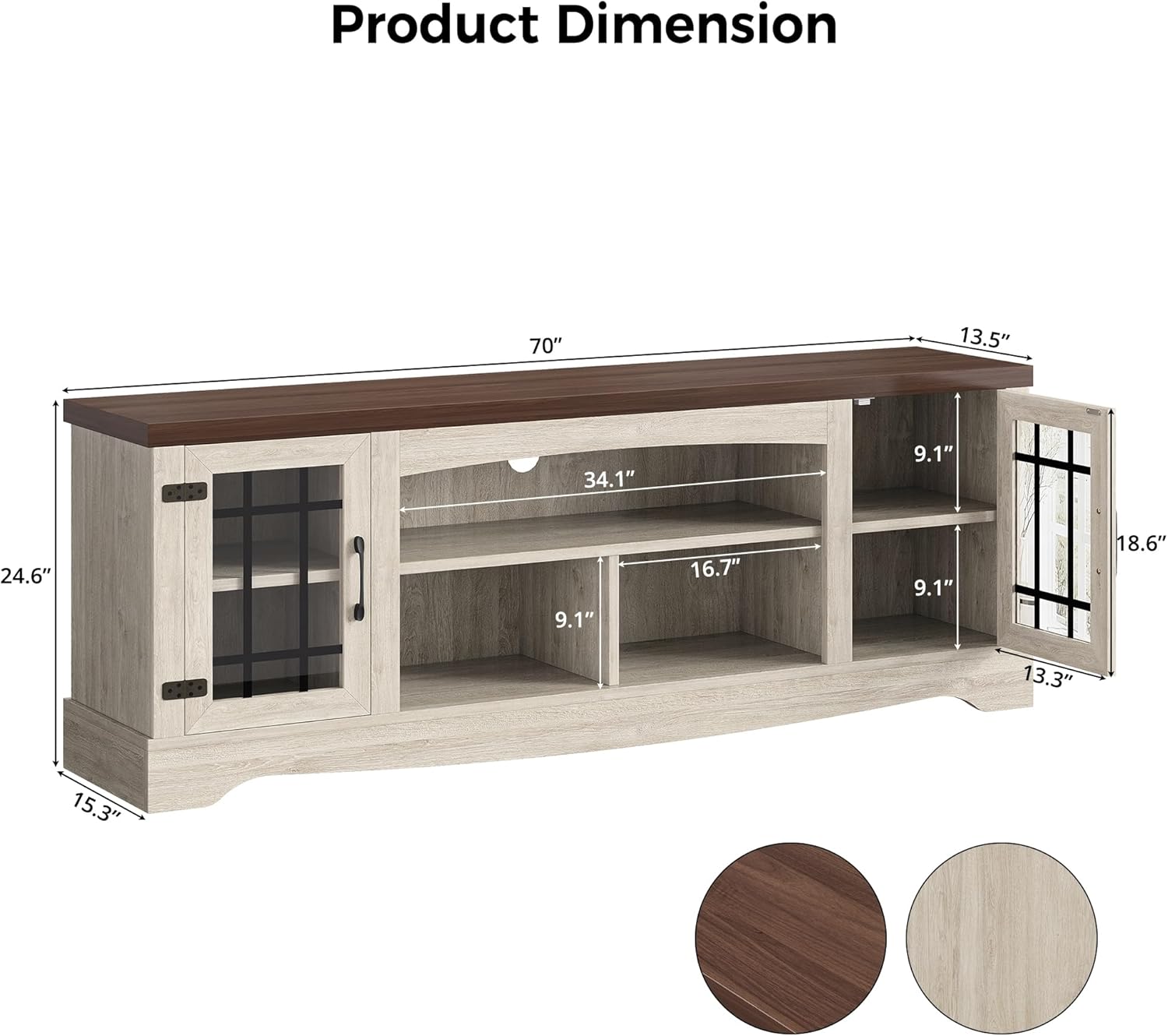 IRONCK Farmhouse TV Stand for 75 Inch TV, Rustic Entertainment Center with Storage Cabinets & Open Shelves, Grid Glass Doors, Media Console for Living Room, Bedroom(Light Oak & Walnut)