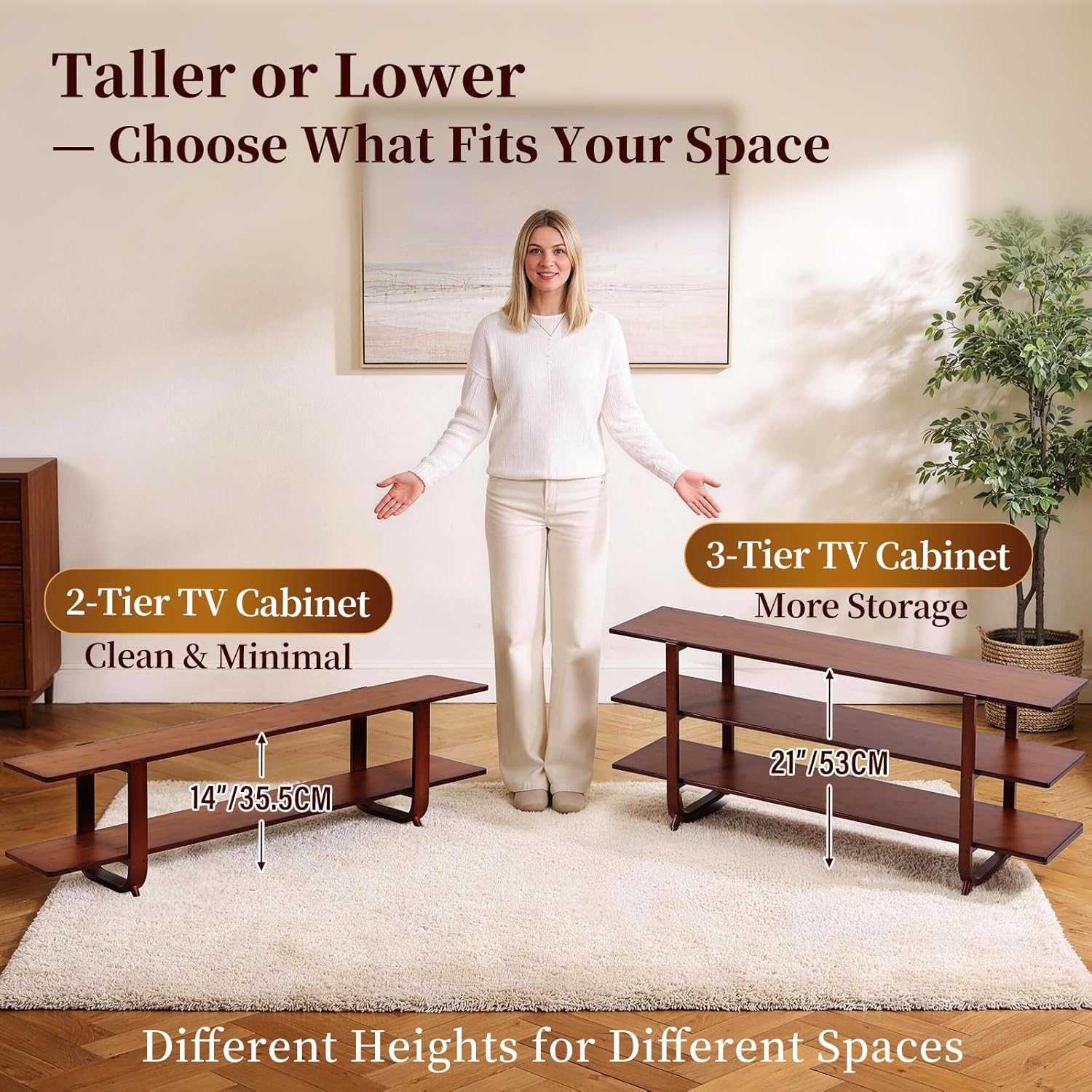 Tiita TV Stand with Storage for TVs up to 65'', Bamboo TV Console Entertainment Center with 2 Open Shelf, Mid Century Modern Media Console for Living Room, Bedroom, Walnut