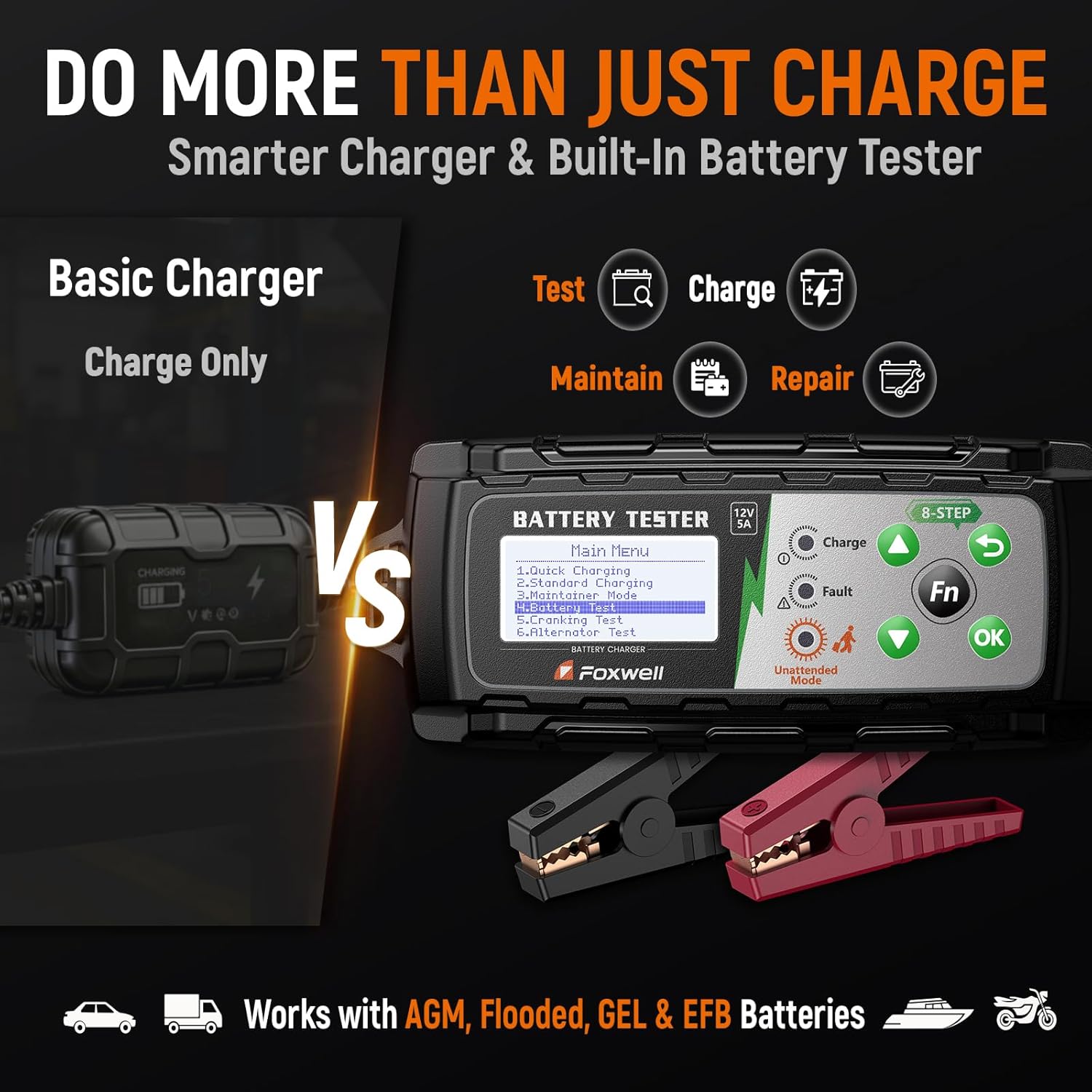 FOXWELL BC521 12V Car Battery Charger & Tester, 5A Smart 4-in-1 Battery Maintainer with Built-in Battery Test, Cranking & Charging System Test, Pulse Repair and Trickle Charge for Car, RV, Motorcycle