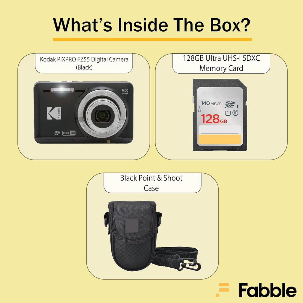 Kodak PIXPRO FZ55 Digital Camera (Black) + Point & Shoot Camera Case + Sandisk 128GB SDXC Memory Card