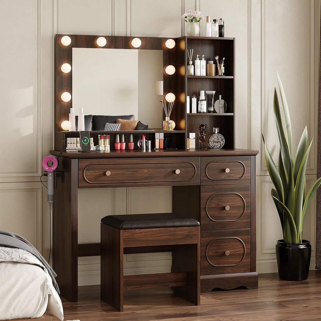 Vabches 42" W Walnut Makeup Vanity Desk with Mirror and Lights and Charging Station, Dark Brown Wood Vanity with Open Storage and Drawers and Stool Chair, Dressing Table Make Up Desk for Bedroom