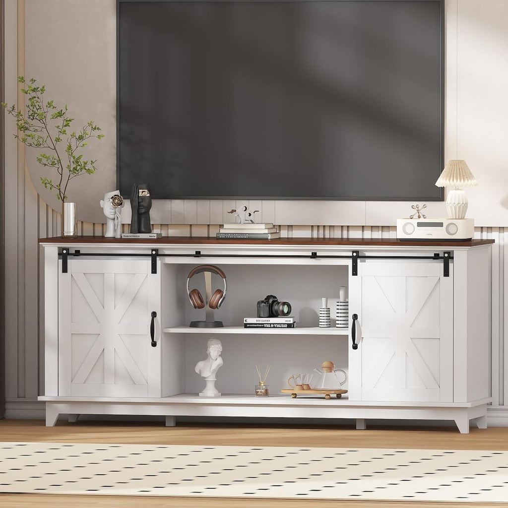 Classic Farmhouse TV Stand Cabinet for 75" Television, Home Entertainment Center with Adjustable Shelf & Sliding Barn Doors, Media TV Console Table for Living Room, 15.8D x66W x28H, Farmhouse White