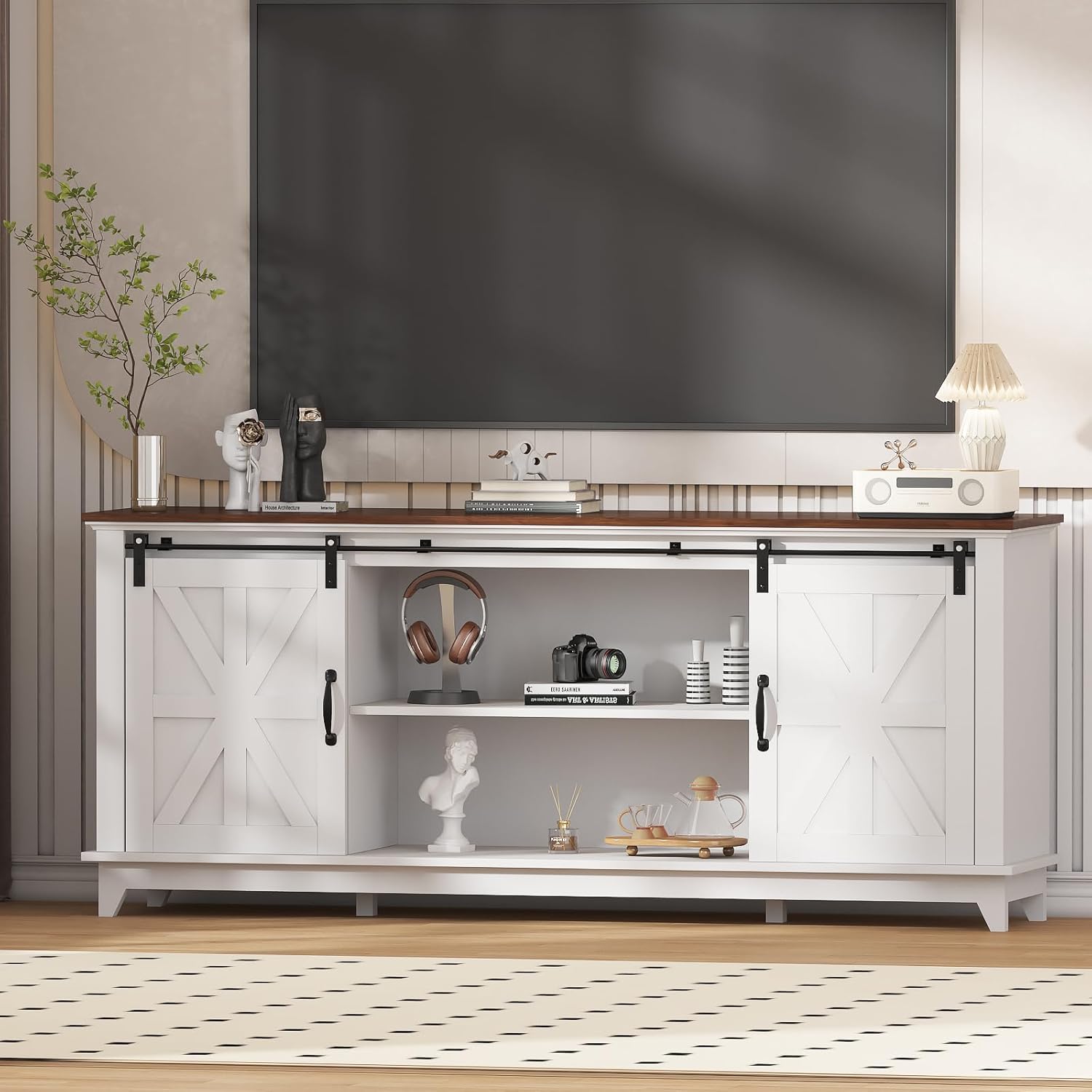 Classic Farmhouse TV Stand Cabinet for 75" Television, Home Entertainment Center with Adjustable Shelf & Sliding Barn Doors, Media TV Console Table for Living Room, 15.8D x66W x28H, Farmhouse White