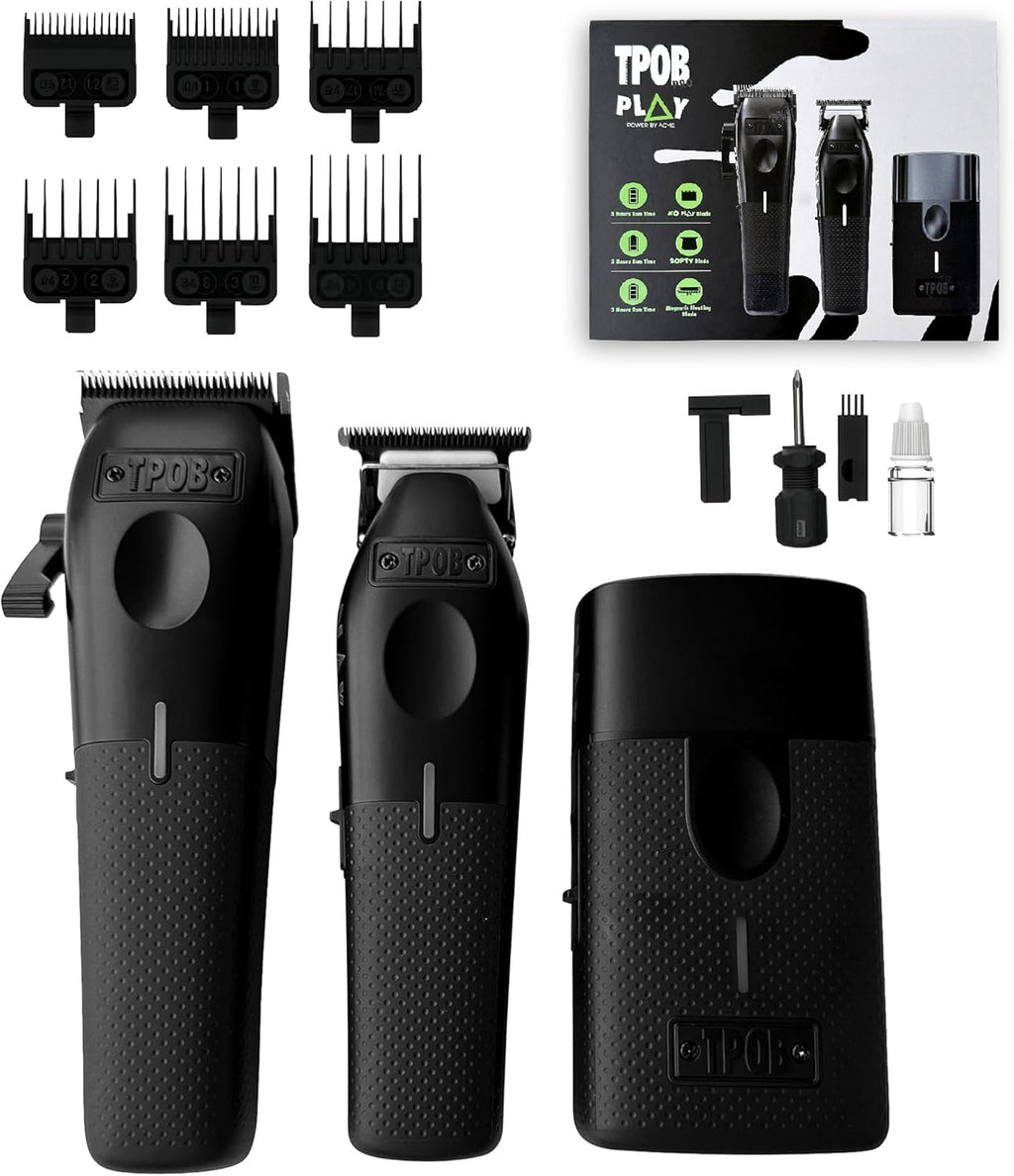 TPOB Play Barber Hair Clippers for Men 7500 RPM with Rubber Grips (Blackout 3 Set)