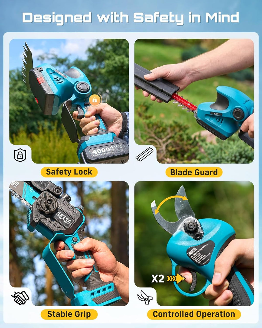 SEESII Electric Chainsaw Trimmer Pruner: 4-in-1 Cordless Chainsaw, Hedge Trimmer, Pruning Shears with 2× Rechargeable 4000mAh Batteries, Garden Tool Kit for Tree Trimming and Branch Cutting