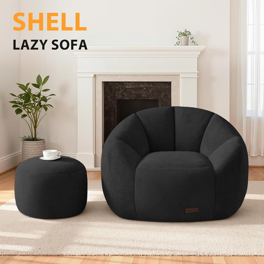 HABUTWAY Bean Bag Chair, Oversized Shell-Shaped Bean Bag Couch with Ottoman, Giant Beanbag Chair for Adults and Kids, Comfy Bean Bag Sofa & Footstool, Large Floor Sofa for Living Room Bedroom, Black