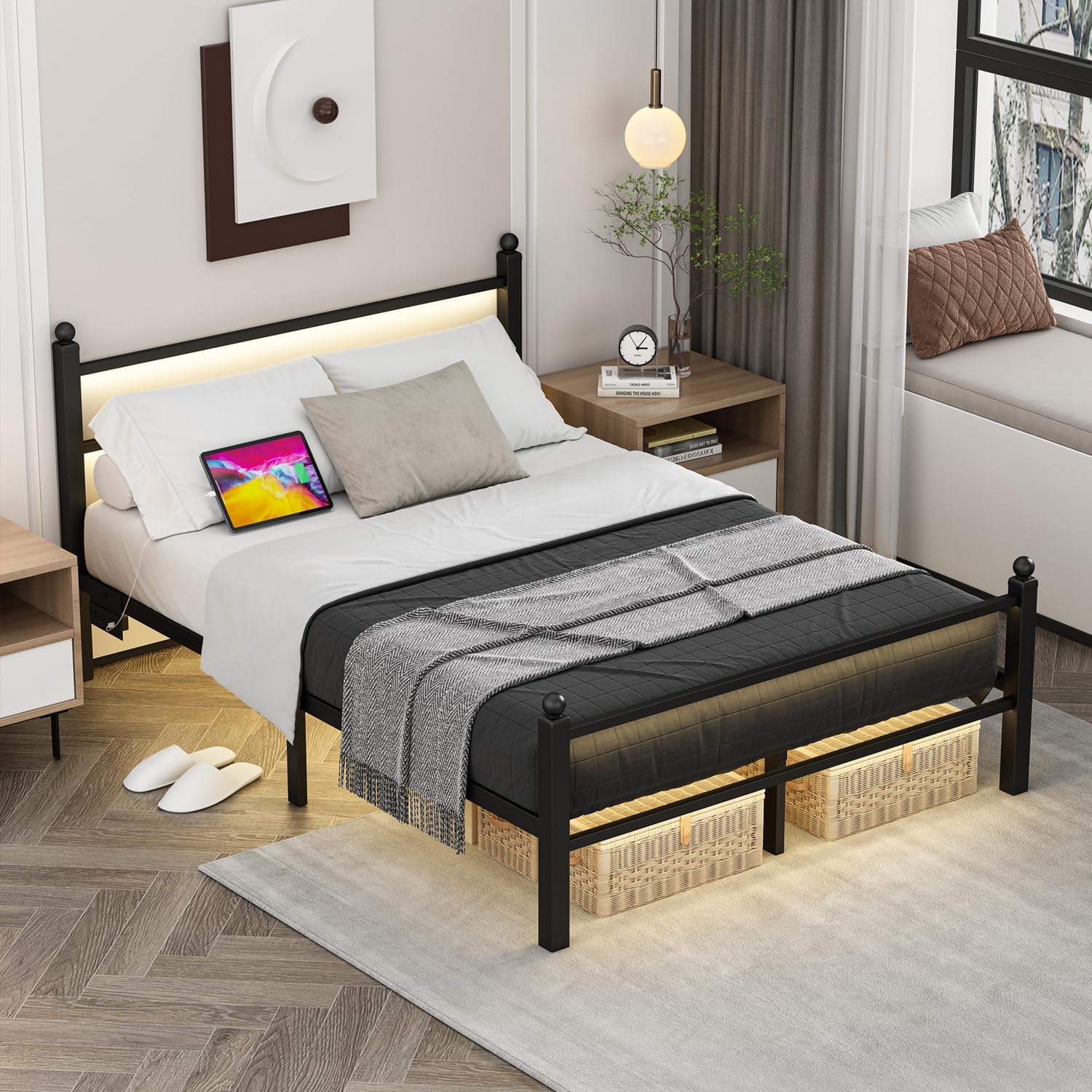 Jenmit Full Size Bed Frame with Charging Station & LED Lights, Metal Platform Bed Frame with Headboard and Footboard, Storage Space Under Bed, No Box Spring Needed, Noise Free, Easy Assembly, Black
