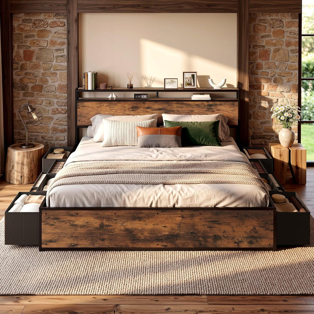 LIKIMIO King Bed Frame with 12 Fabric Storage Drawers, Industrial Platform Bed Frame with Headboard, No Box Spring Needed, Sturdy Metal Slat Support, Rustic Brown, Noise-Free, Easy Assembly