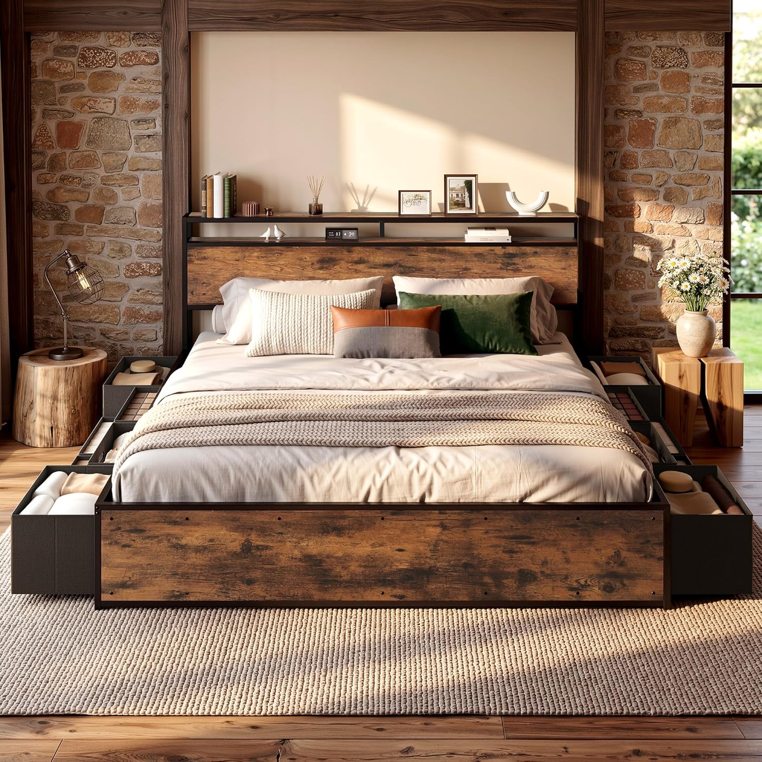 LIKIMIO King Bed Frame with 12 Fabric Storage Drawers, Industrial Platform Bed Frame with Headboard, No Box Spring Needed, Sturdy Metal Slat Support, Rustic Brown, Noise-Free, Easy Assembly