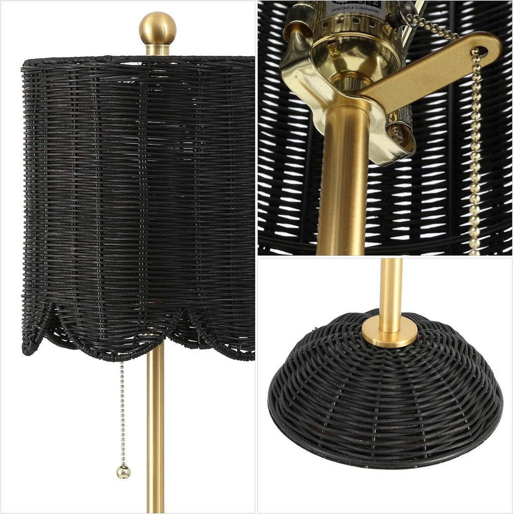 JONATHAN Y 27.5" Black/Brass Gold Coastal Buffet Table Lamp Set of 2 for Bedroom, Boho Table Lamps with Natural Rattan Scalloped Shade, Pull Chain, LED Bulbs Included (JYL1138C-SET2)