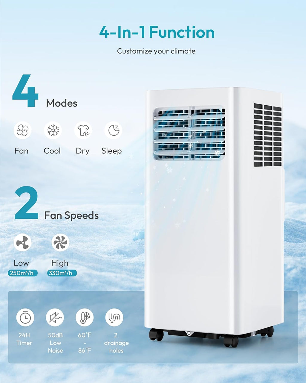 EUHOMY 8,000 BTU Portable Air Conditioners, 4-in-1 Air Conditioner Portable Up to 350 Sq.Ft., Portable AC Unit with Cool, Fan, Dehumidifier, Sleep, 24H Timer, Remote & Installation Kit, for Bedroom