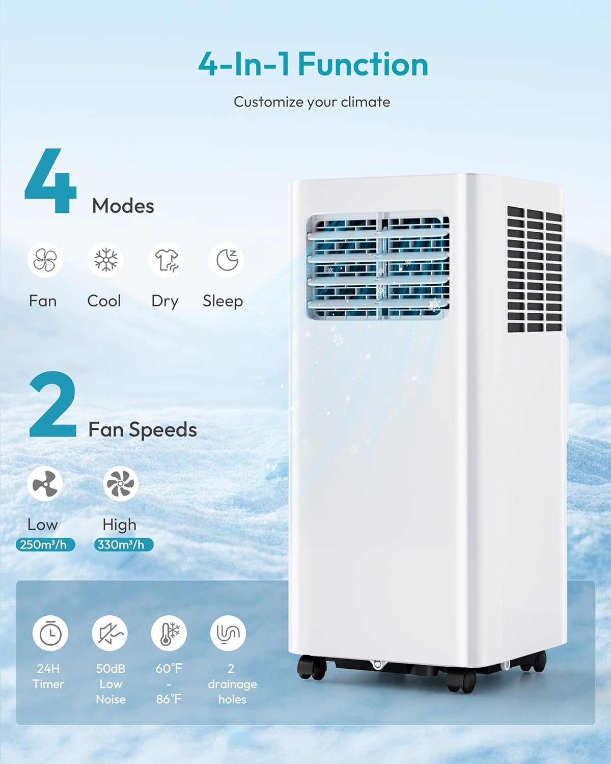EUHOMY 8,000 BTU Portable Air Conditioners, 4-in-1 Air Conditioner Portable Up to 350 Sq.Ft., Portable AC Unit with Cool, Fan, Dehumidifier, Sleep, 24H Timer, Remote & Installation Kit, for Bedroom