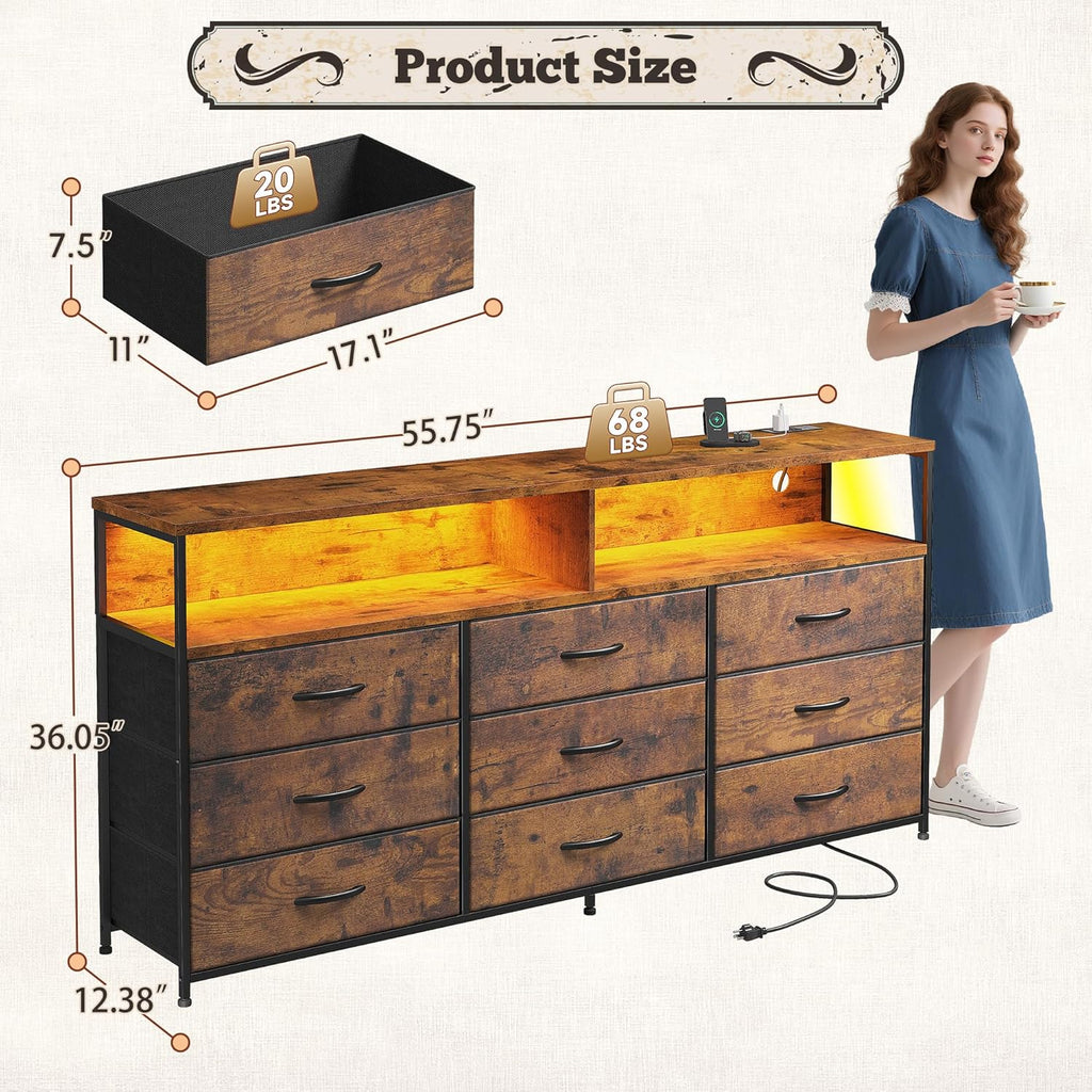 Romorgniz 55" W Dresser for Bedroom with 9 Drawers LED TV Stand with Power Outlets for 45, 55, 65 Inch TV Sturdy Long Chest of Drawers with Extra 2 Wooden Shelves Steel Frame Rustic Brown